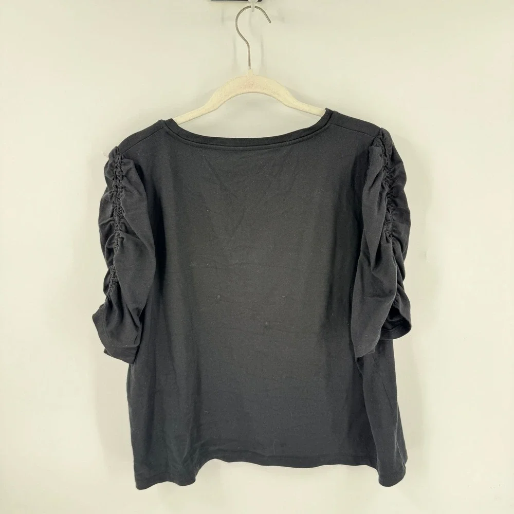Kate Spade Ruched Puff Sleeve Tee Black XXL Cotton Feminine Designer Top